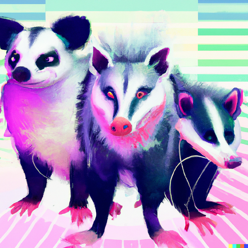 AI-generated vaporwave art featuring raccoons and skunks