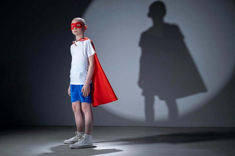 A superhero facing his shadow, symbolizing self-discovery.