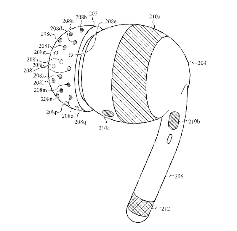 An AirPod showcasing integrated electrodes