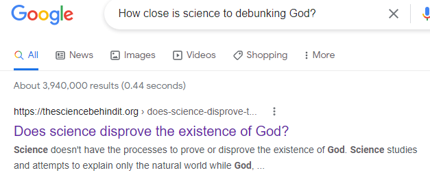 Google search results on science and God