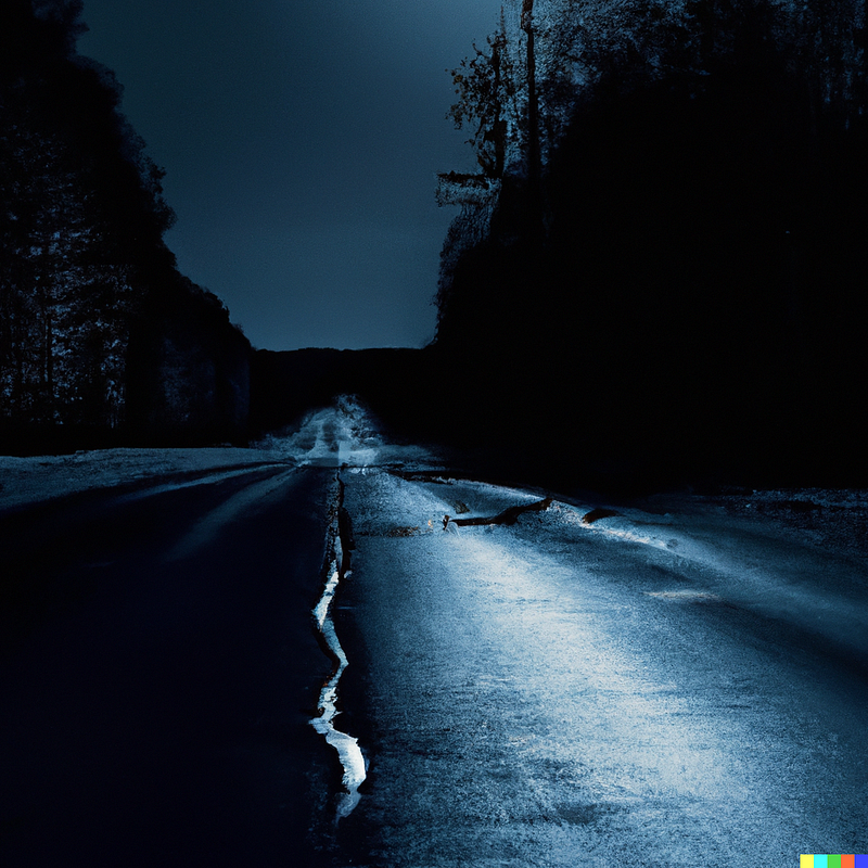 A desolate road under dark winter clouds