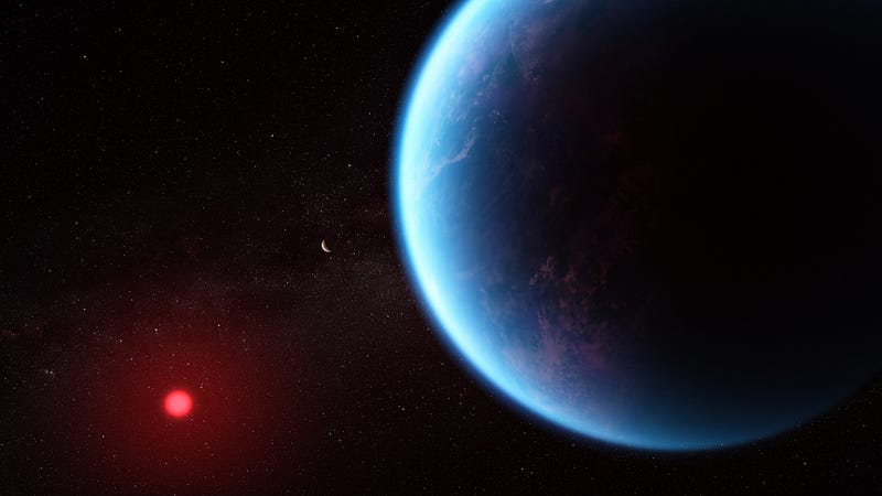 Artist's concept of K2-18b showcasing its potential oceanic atmosphere.