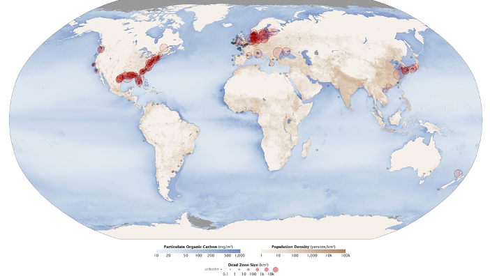 Satellite image of a dead zone in ocean waters