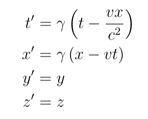 Lorentz transformation relationship between reference frames.