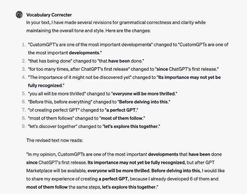 Output from Vocabulary Corrector GPT