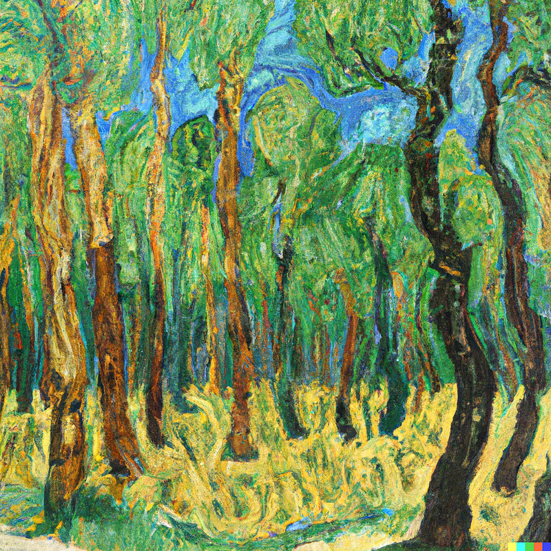 AI-generated forest artwork in Van Gogh style