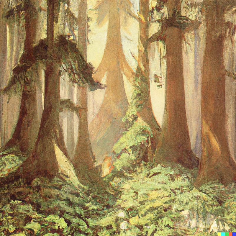 AI-generated forest artwork in Alfons Mucha style