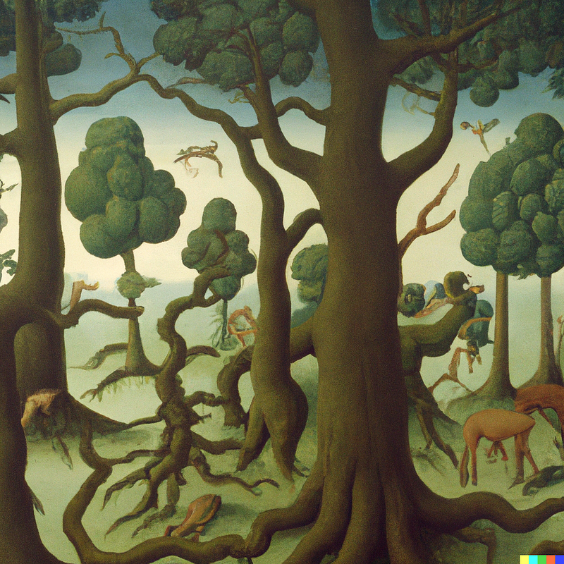 AI-generated forest artwork in Hieronymus Bosch style