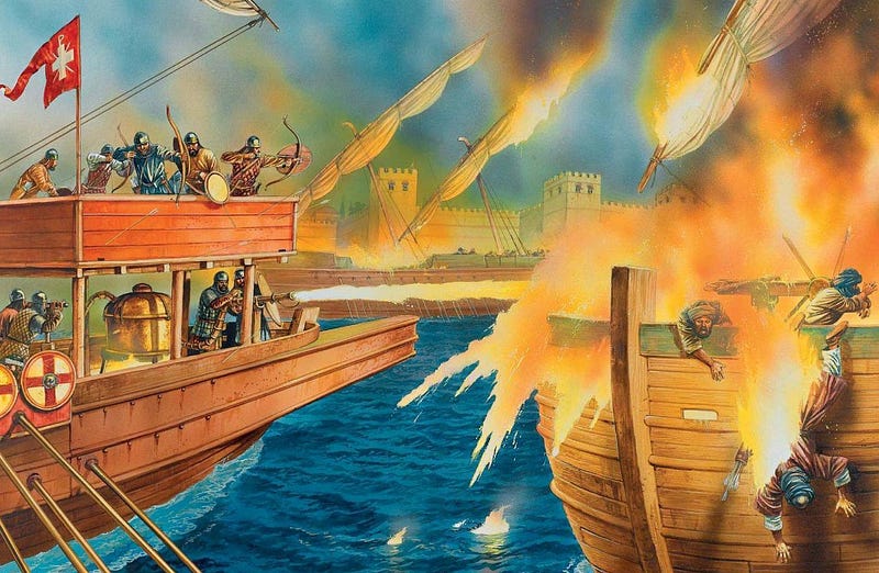 Illustration of Greek fire in use during naval battles