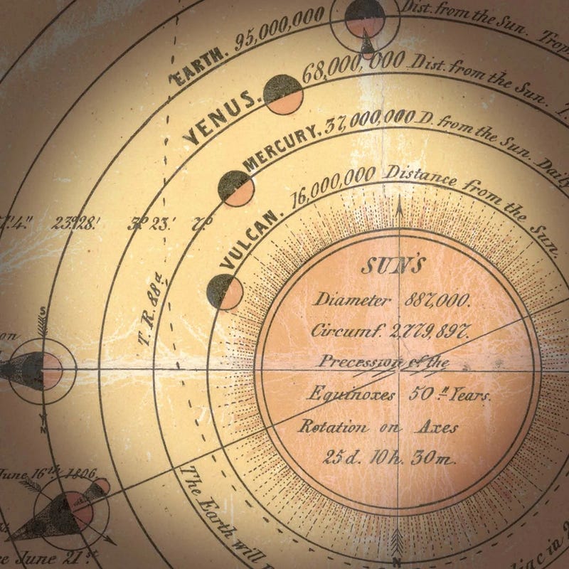 19th-century lithograph of the solar system including Vulcan