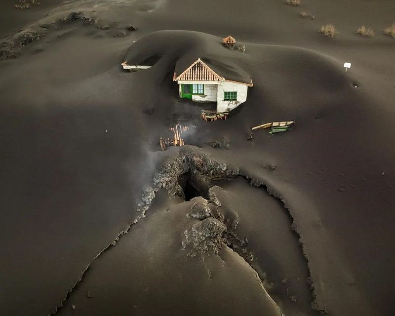 Church submerged in volcanic ash on La Palma