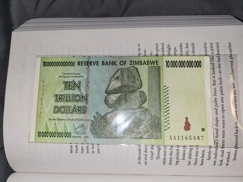 10 trillion Zimbabwean dollars as a bookmark