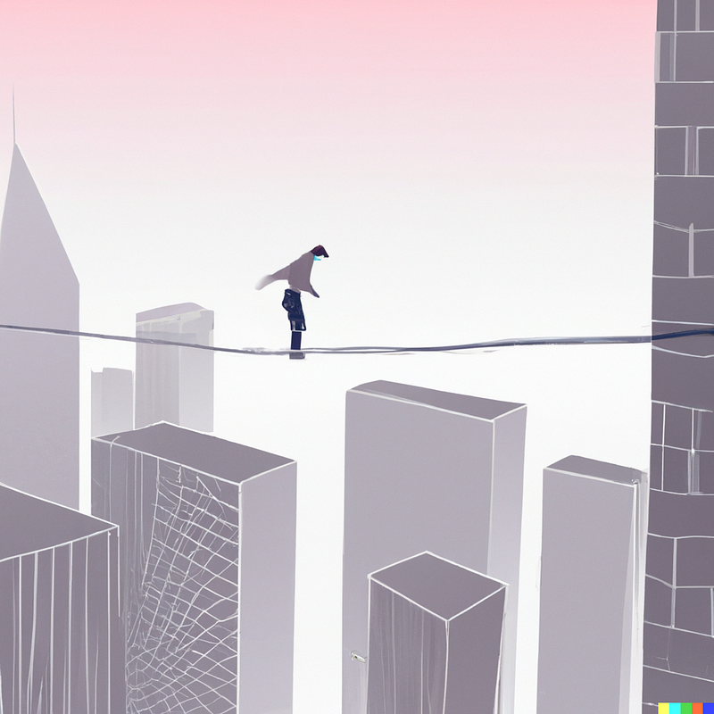 A woman balancing on a tightrope between towering skyscrapers.